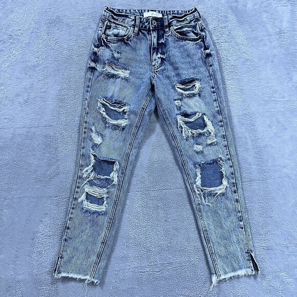 Kancan Skinny‎ Jeans 0/23 Mid Rise Distressed Light Wash Open Raw Hem - Picture 1 of 12
